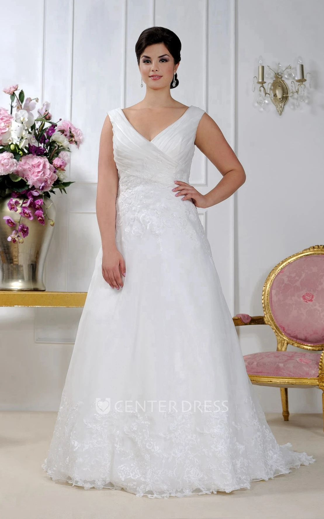 Plunged Sleeveless A-Line Lace Dress With Corset Back