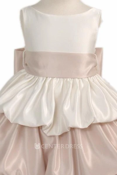 Tea-Length Sleeveless Tiered Satin Flower Girl Dress