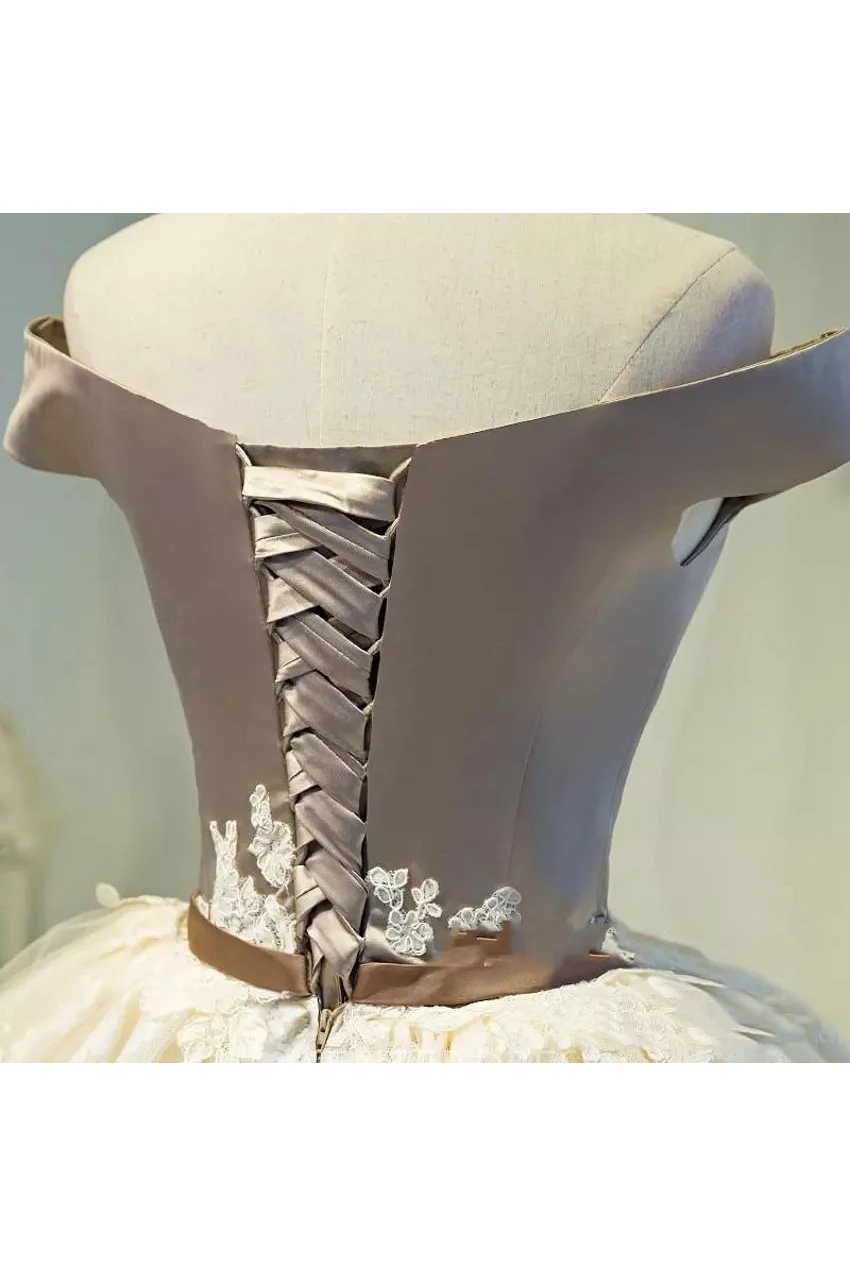 Ball Gown Short Mini Sleeveless Off-the-shoulder Appliques Bow Pleats Satin Lace Homecoming Dress