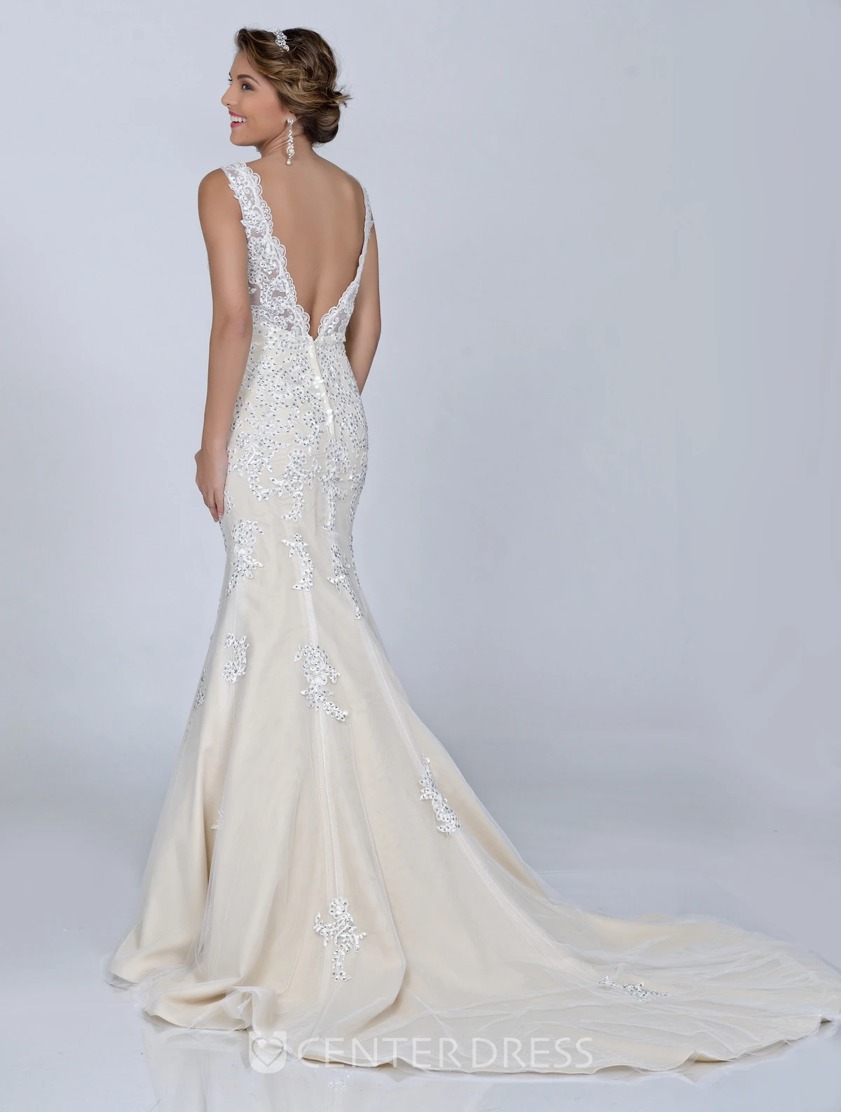 Sequined Sleeveless Sheath Lace Wedding Dress With Bateau Neck And Deep V-Back