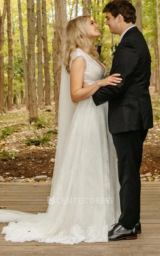 Elegant A-Line V-neck Lace Appliques Short Sleeve Sweep Train Garden Wedding Dress