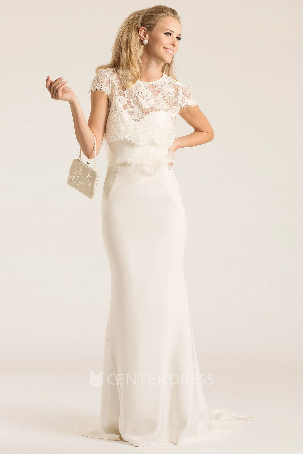 Scoop Maxi Short-Sleeve Lace Chiffon Wedding Dress With Sweep Train