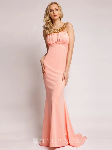 Sheath Sleeveless Floor-Length Scoop-Neck Beaded Jersey Prom Dress With Ruching