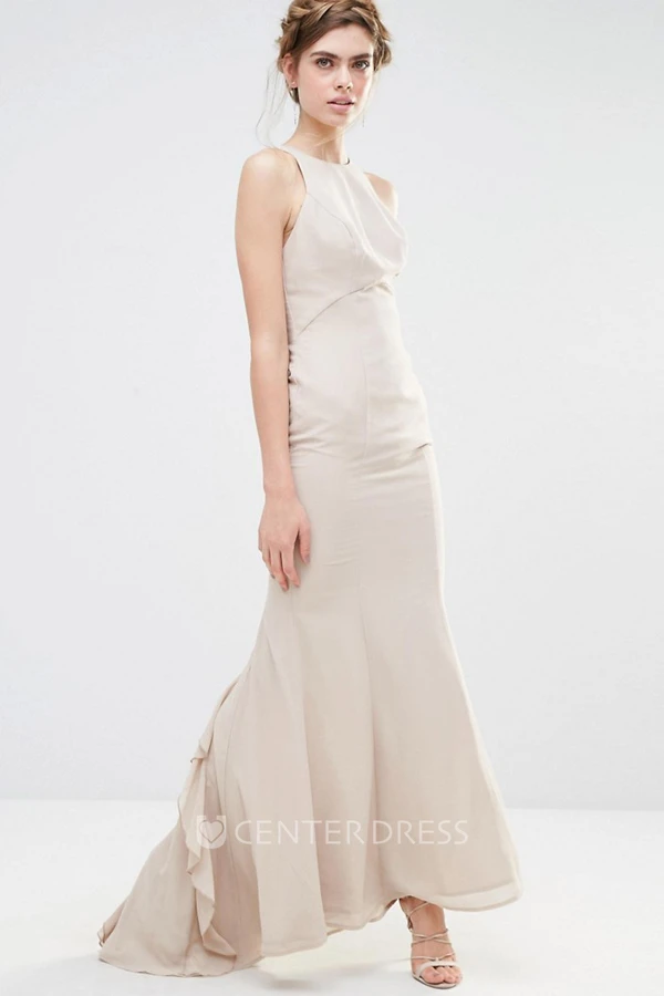Ankle-Length Sheath Jewel Neck Sleeveless Cascading-Ruffled Chiffon Bridesmaid Dress