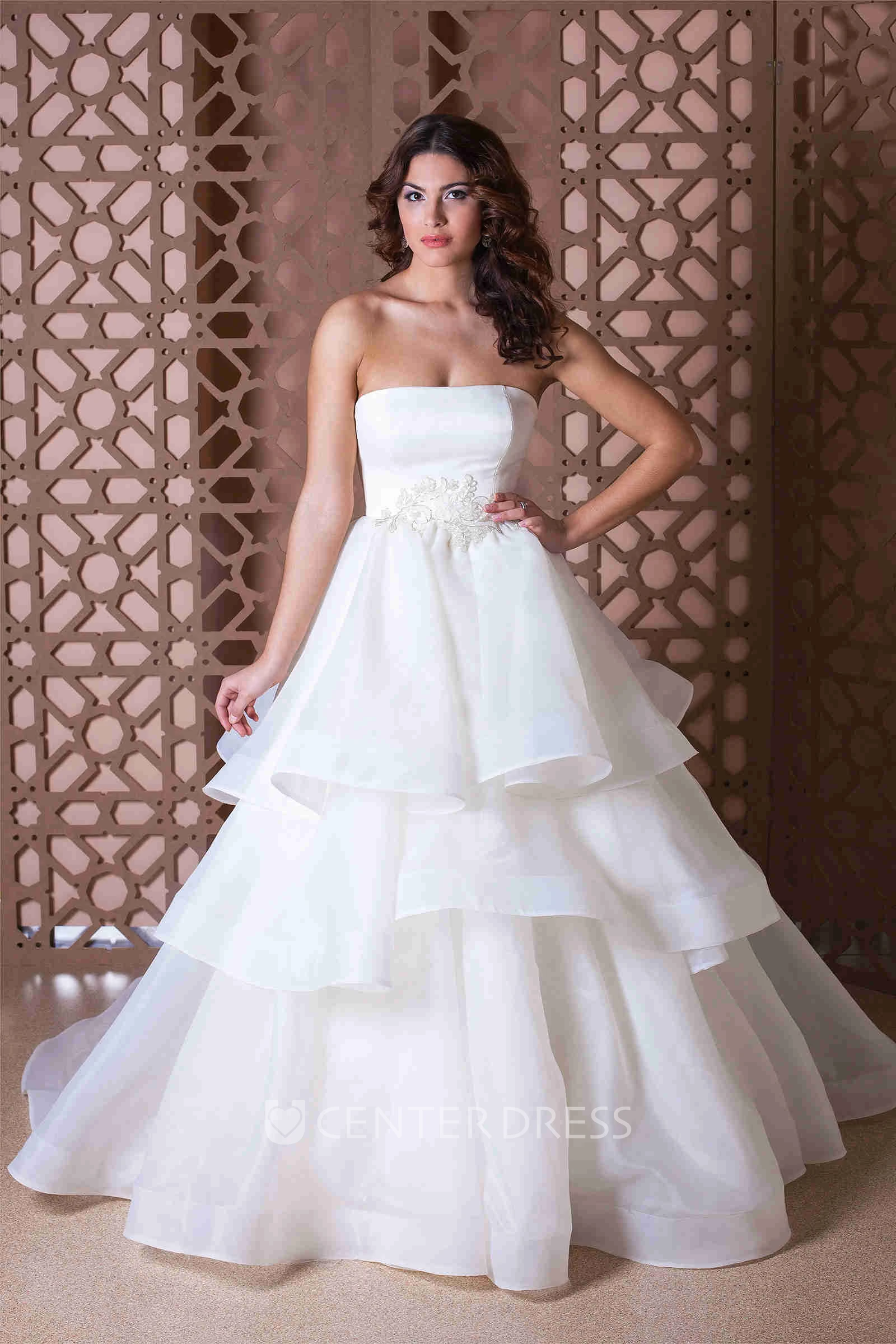 A-Line Strapless Sleeveless Floor-Length Beaded Organza Wedding Dress With Tiers
