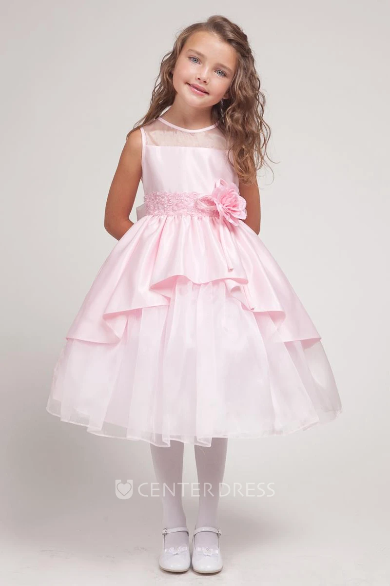Tea-Length Floral Tiered Lace&Organza Flower Girl Dress With Ribbon