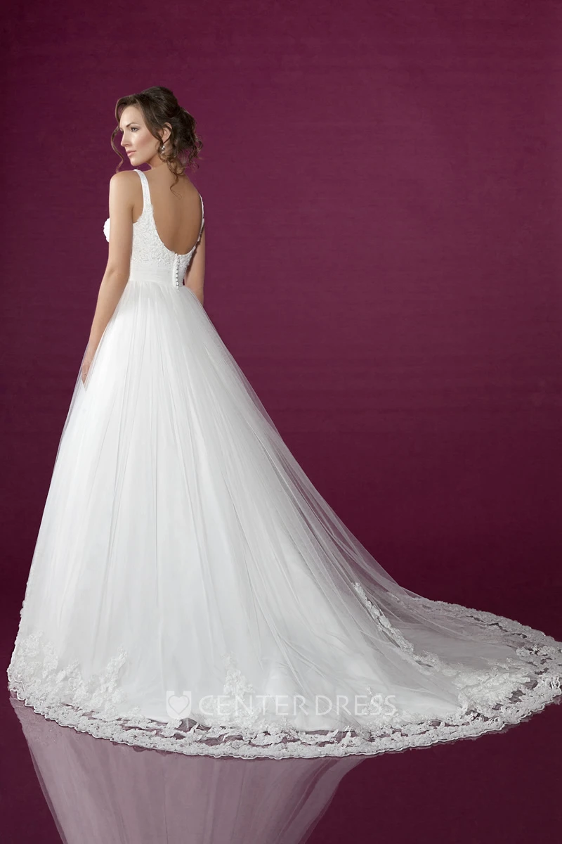 Long Straps Appliqued Tulle Wedding Dress With Chapel Train And V Back