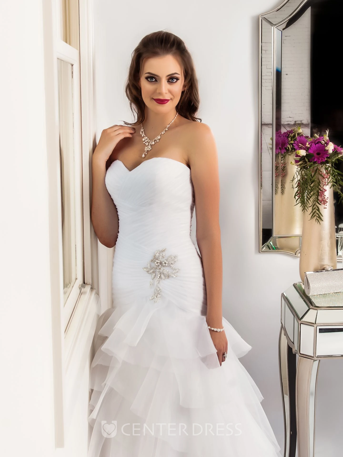Floor-Length Sleeveless Ruched Sweetheart Tulle Wedding Dress With Tiers And Beading