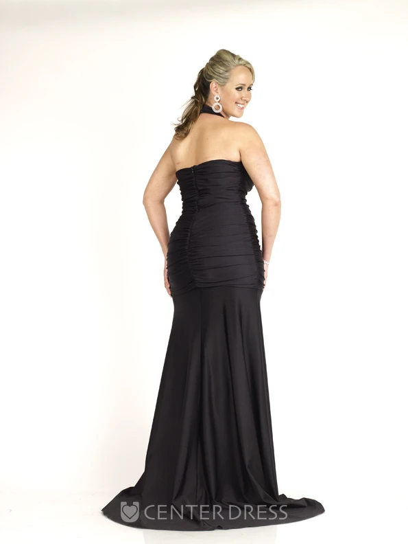 Sheath Floor-length Halter Sleeveless Jersey Beading Ruching Sweep Train Zipper Dress
