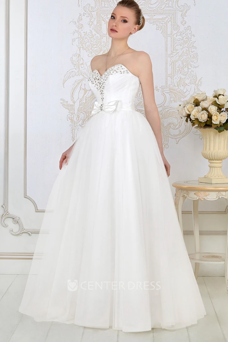 A-Line Sweetheart Sleeveless Maxi Beaded Tulle Wedding Dress With Bow And Ruching