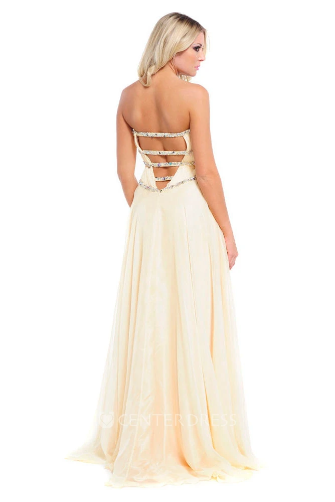 A-Line Floor-Length Sweetheart Sleeveless Beaded Tulle&Satin Prom Dress With Ruching