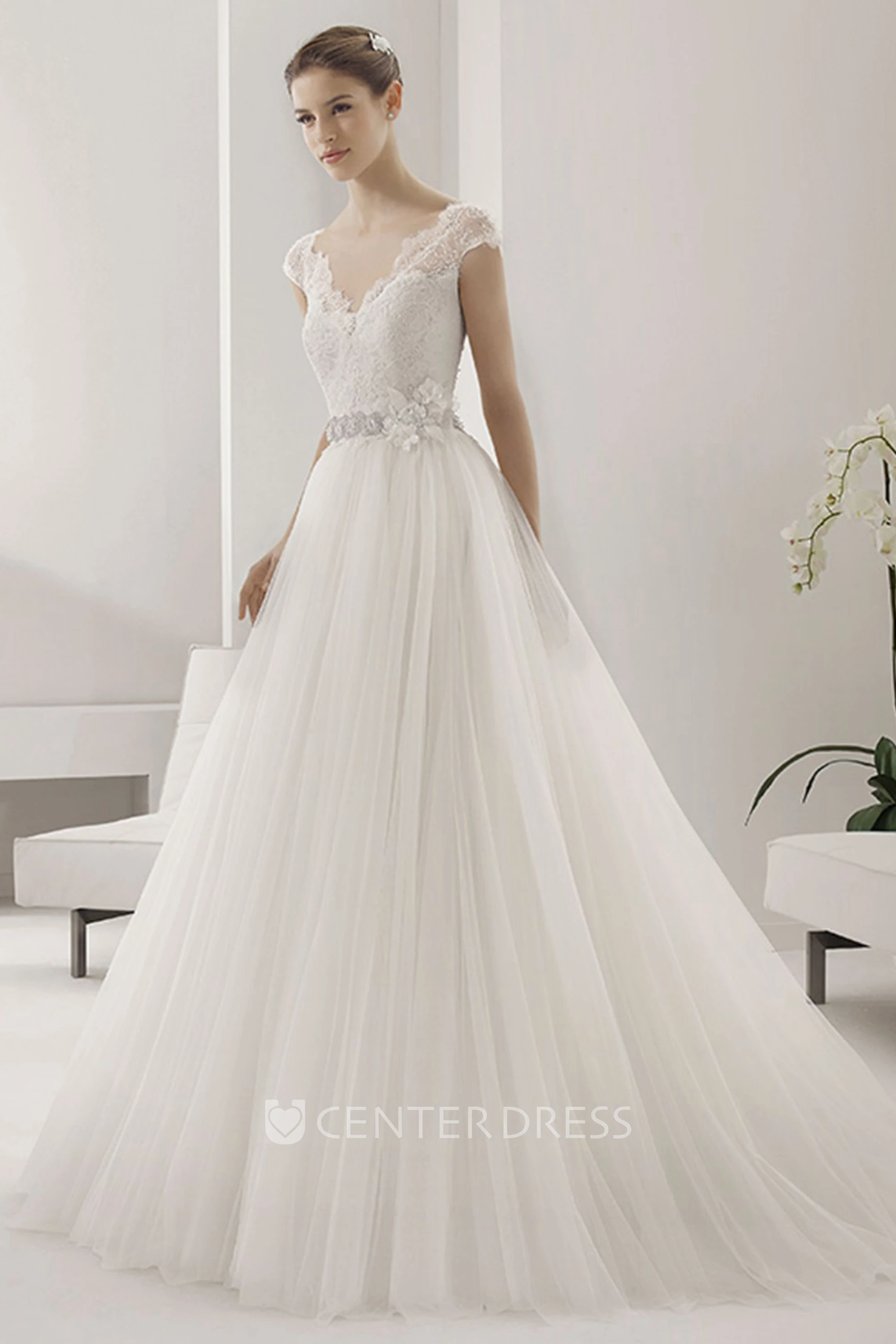 Scalloped V Neck Cap Sleeve Tulle Ball Gown With Lace Top And Beading Floral Waist