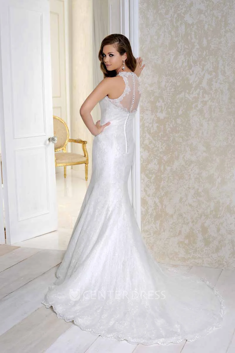 Floor-Length High Neck Appliqued Satin Wedding Dress With Court Train And Illusion