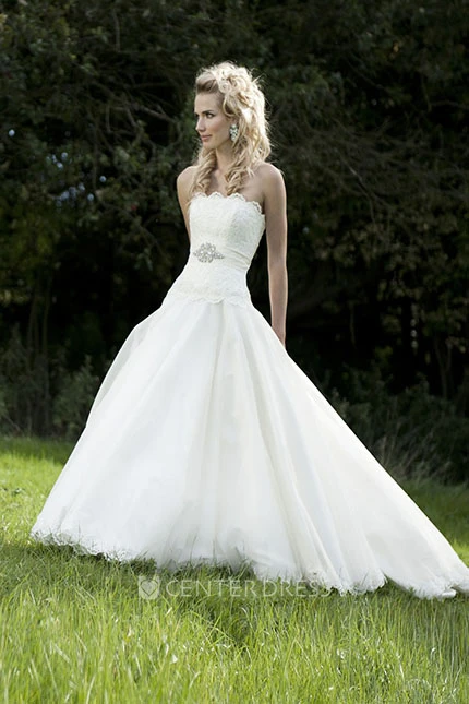 Strapless Long Appliqued Chiffon Wedding Dress With Bow