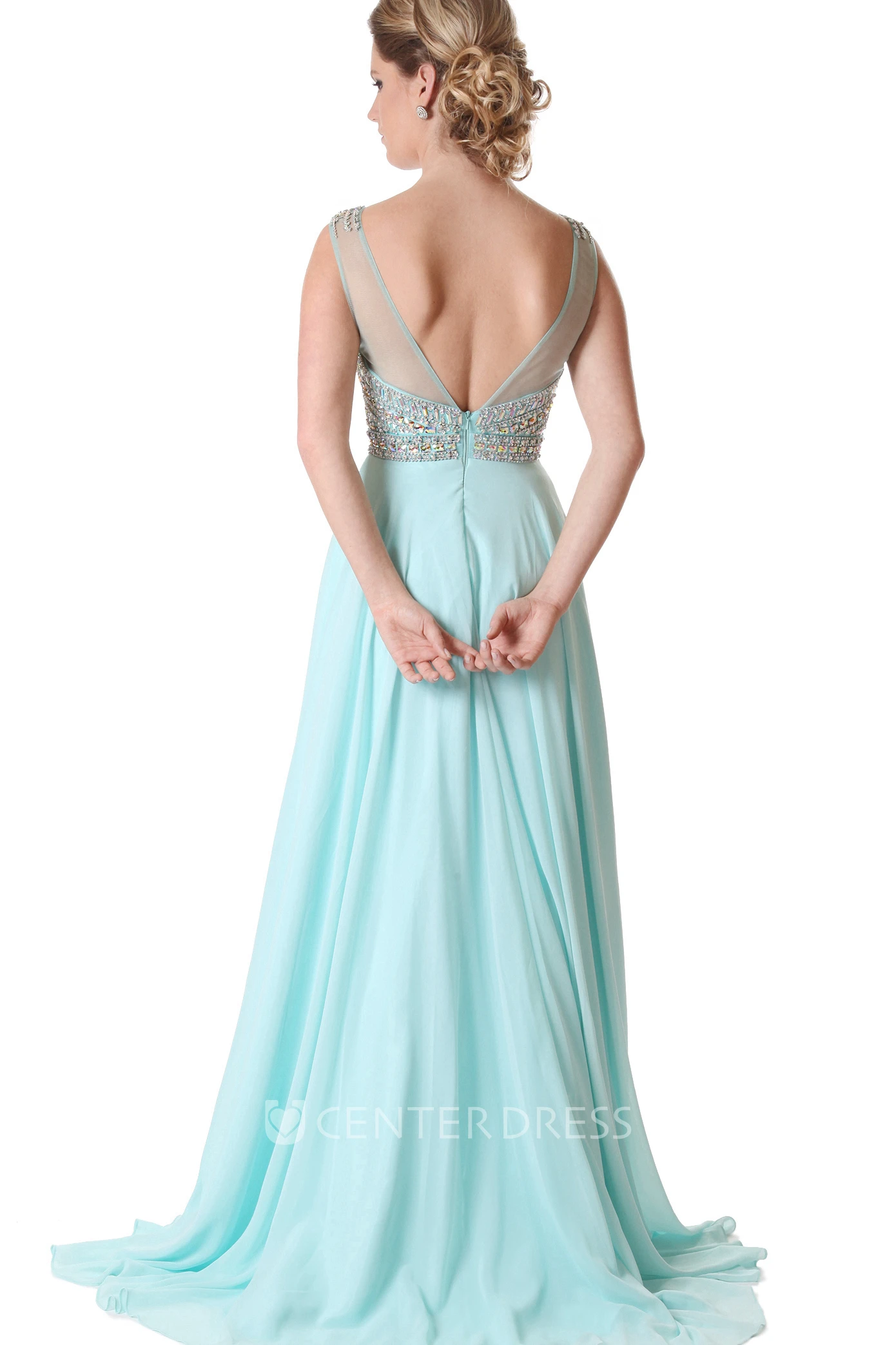 A-Line Floor-Length Jewel-Neck Beaded Sleeveless Chiffon Evening Dress With Pleats