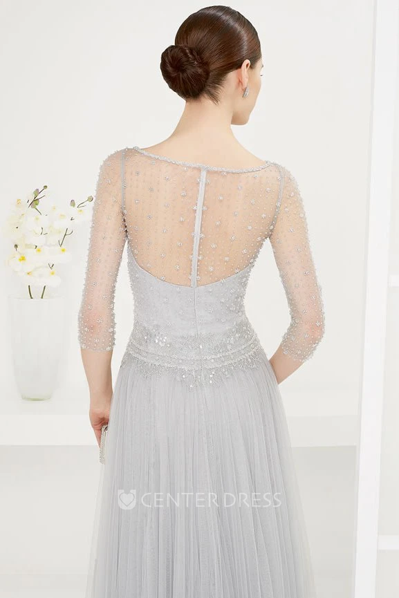 Jewel Neck 3-4 Sleeve Pleated Tulle Long Prom Dress With Belt And Sequins