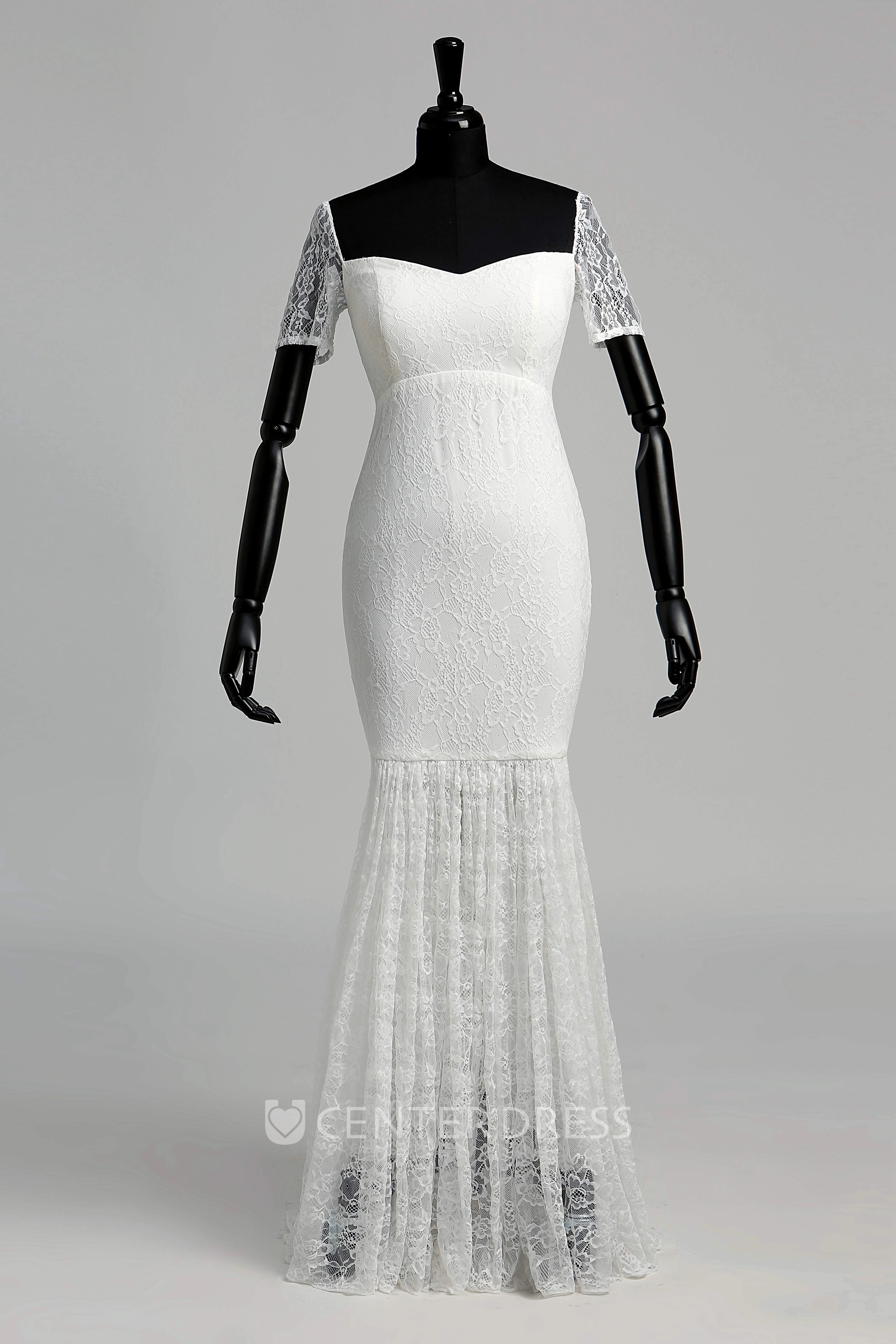 Lace Mermaid Off-the-shoulder Illusion Short Sleeve Wedding Dress with Pleats