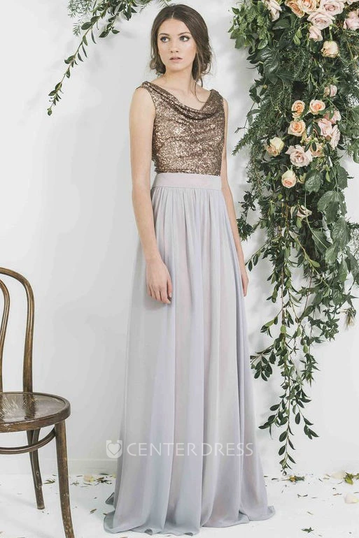 Sequined Sleeveless Cowl Neck Chiffon Bridesmaid Dress