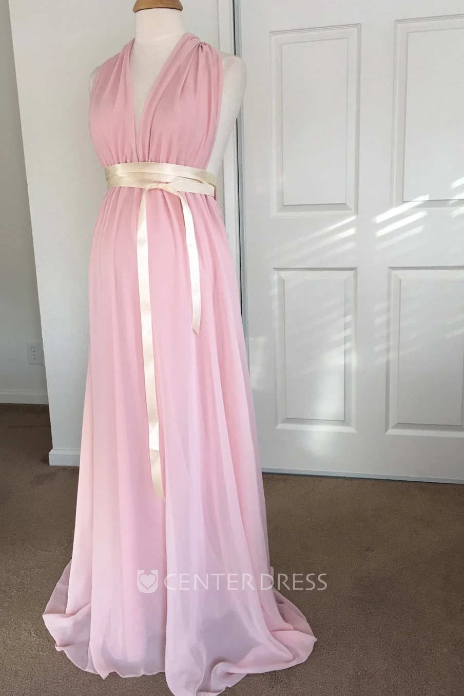 A-line Chiffon Plunging Neckline V-neck Sleeveless Sashed Maternity Dress