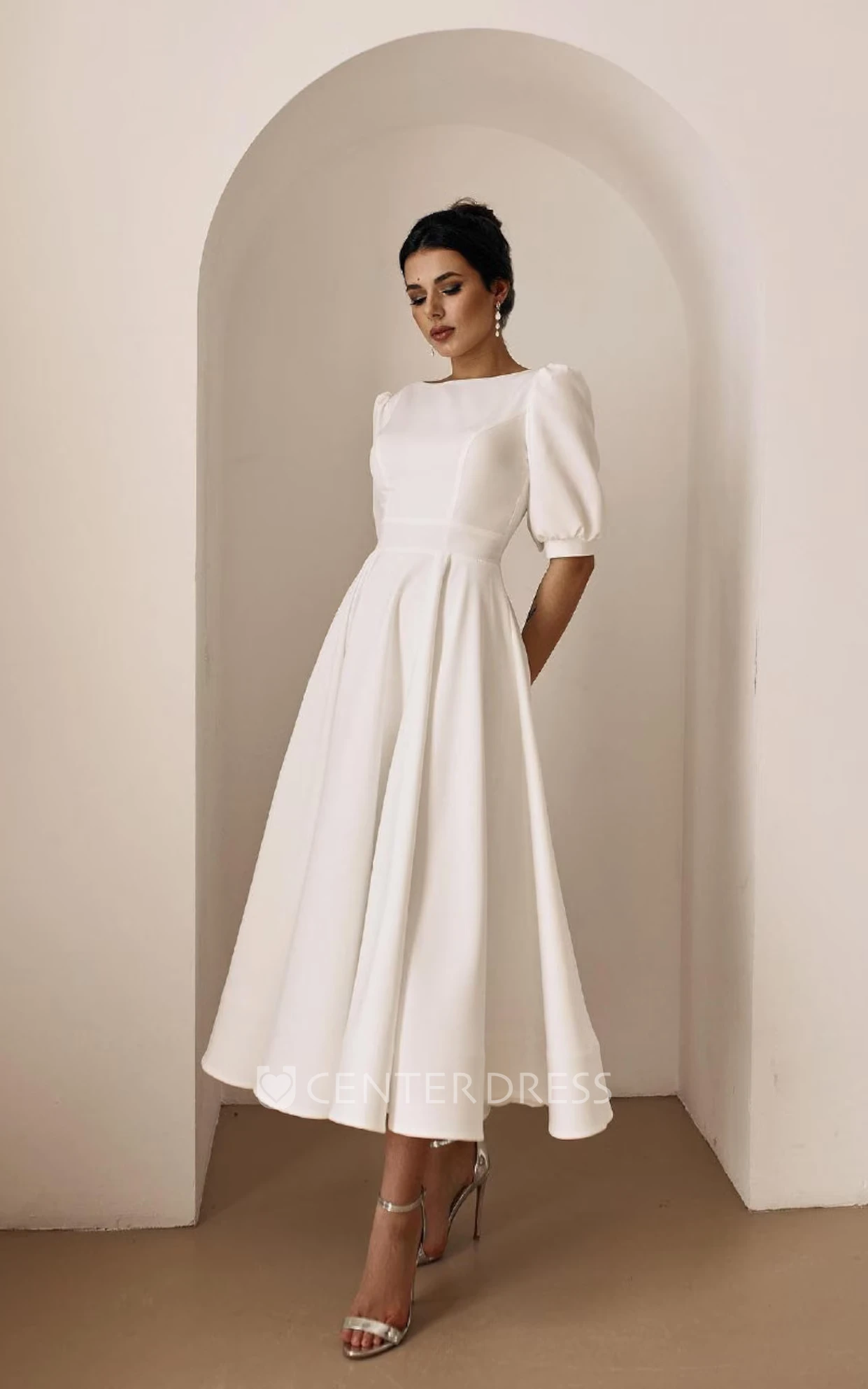 Simple Tea Length Civil Wedding Dress Modern A-Line Puff Sleeves Gown with Open Back