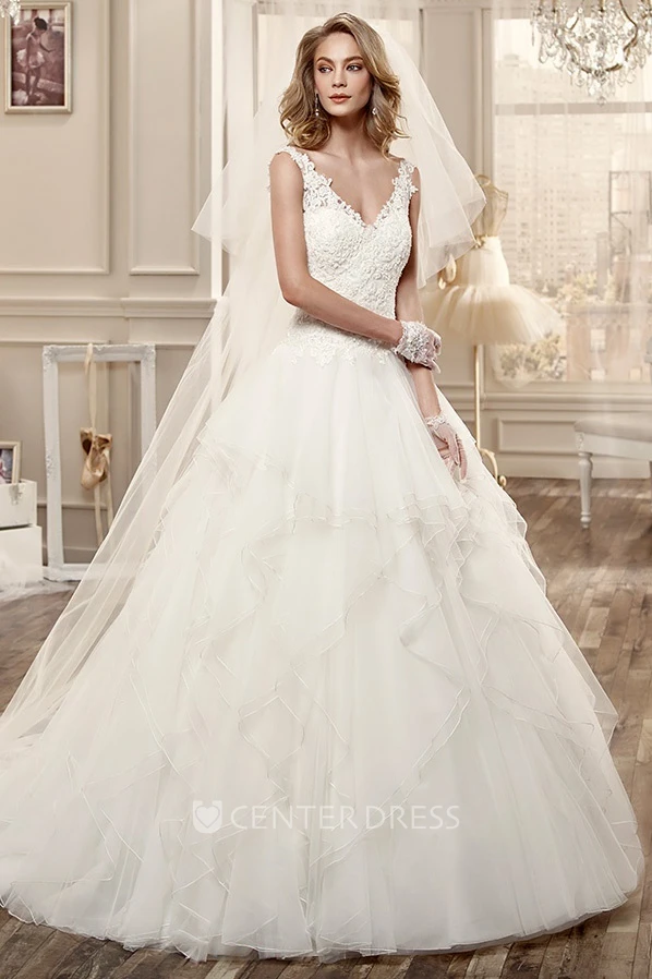 Ruching Wedding Dress with Low-V Neck and Open Back