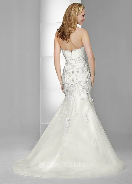 Trumpet Long Appliqued Strapless Sleeveless Lace&Tulle Wedding Dress With Beading