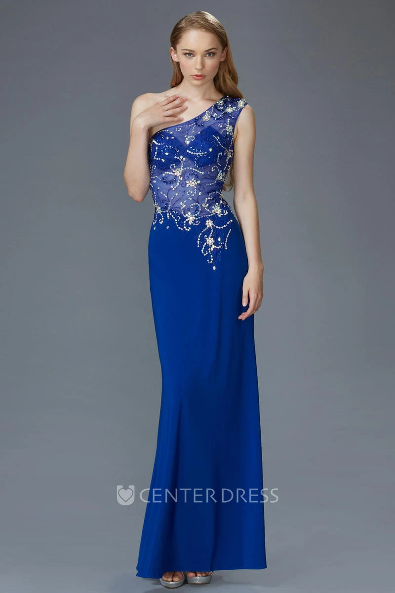 Sheath One-Shoulder Sleeveless Jersey Illusion Dress With Beading