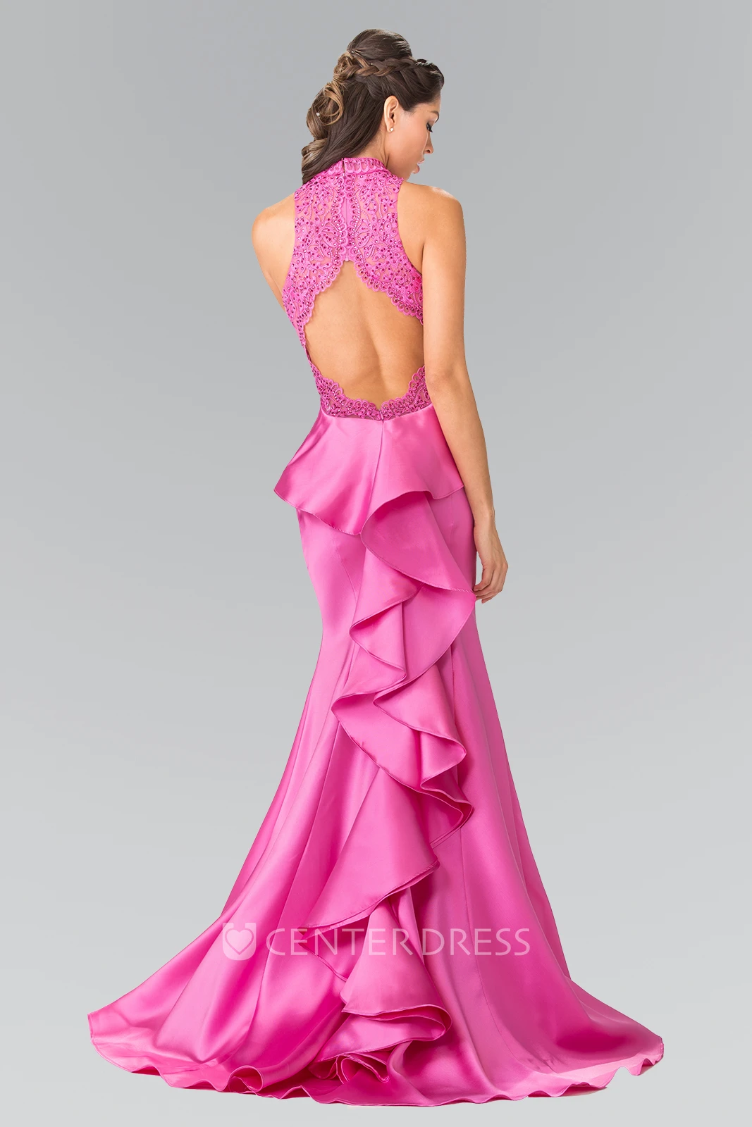 Mermaid High Neck Satin Keyhole Dress With Cascading Ruffles And Appliques