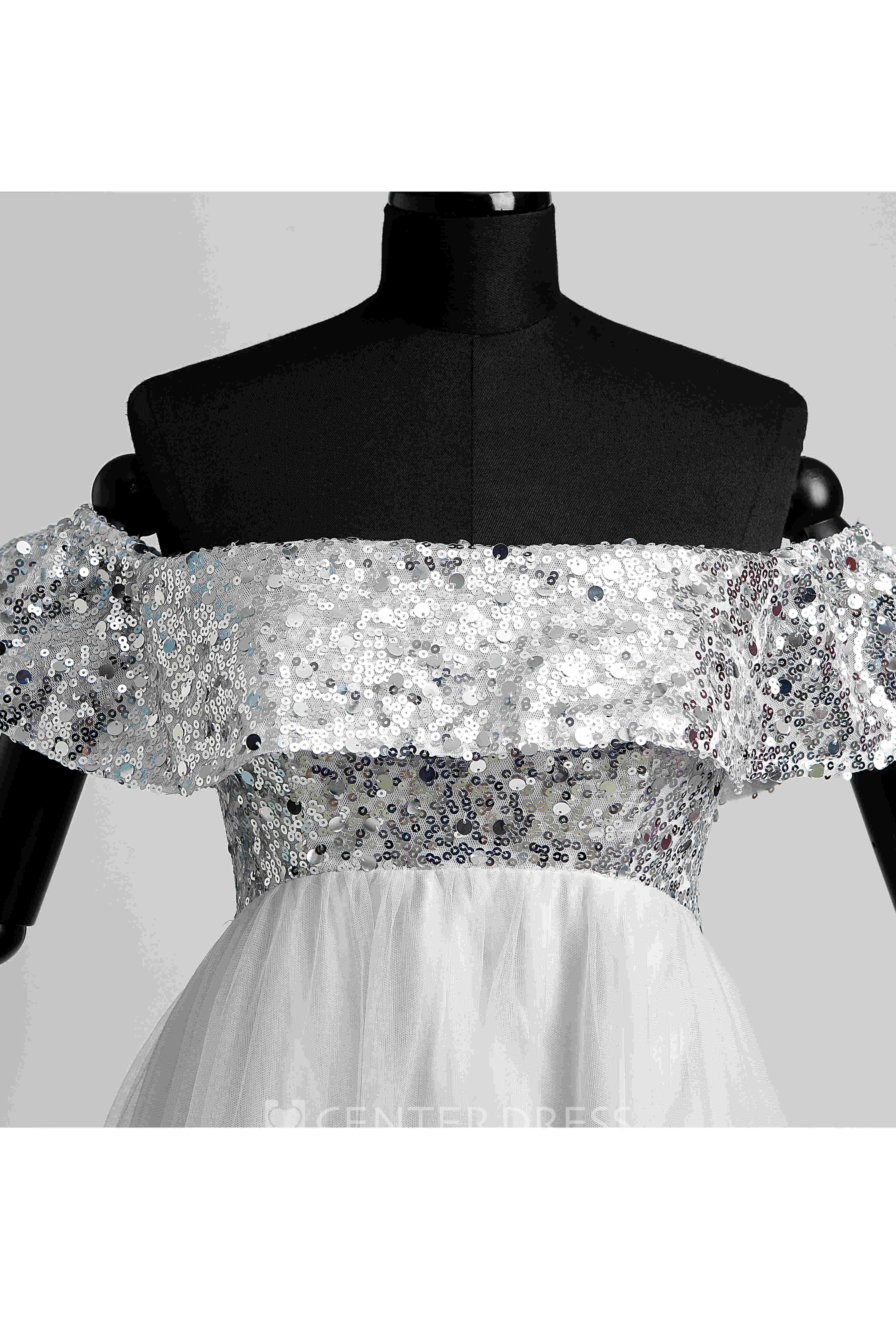 A-line Sweep Brush Train Beading Ruffles Tulle Dress