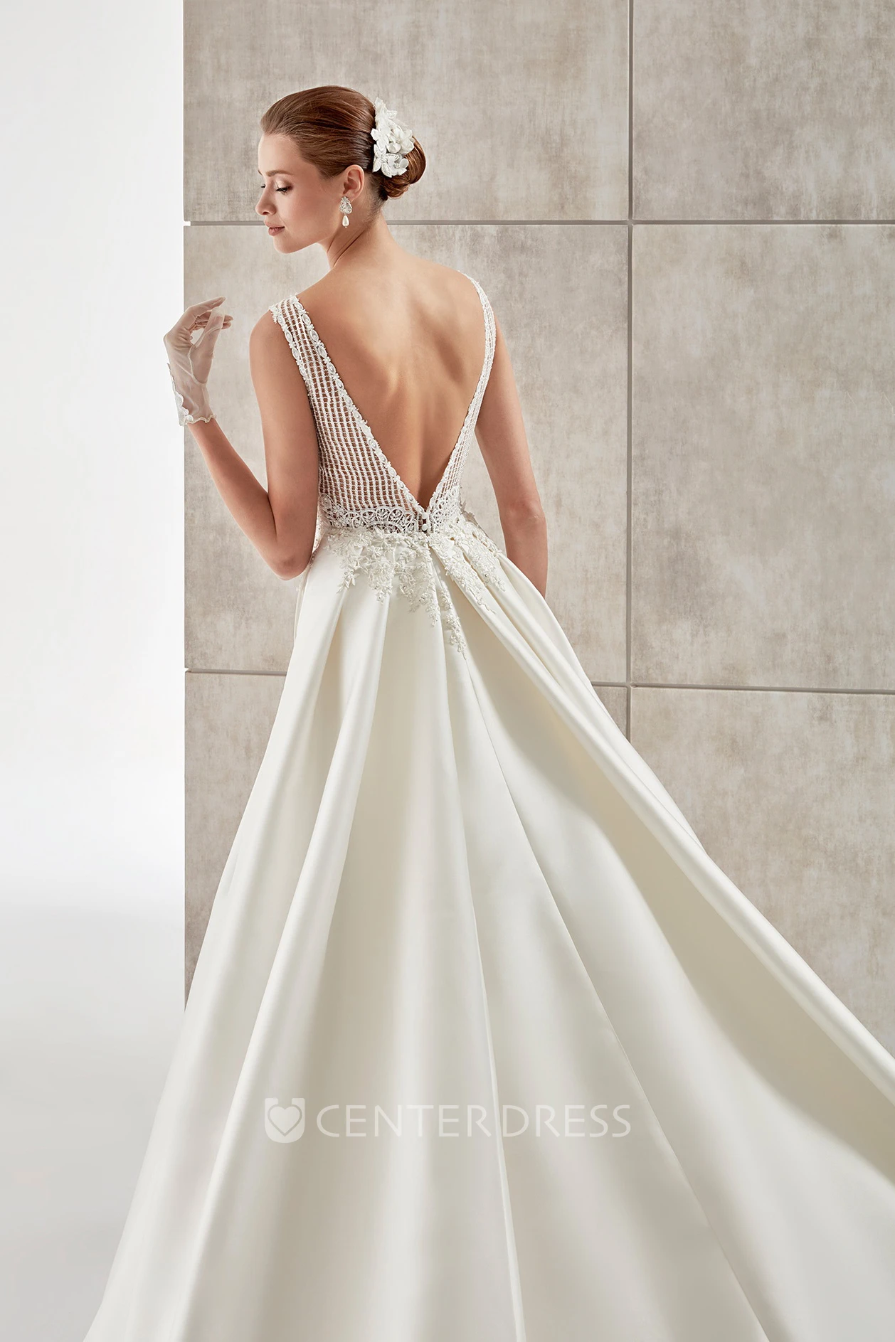 Jewel-Neck A-Line Satin Wedding Dress With Lace Bodice And Open Back