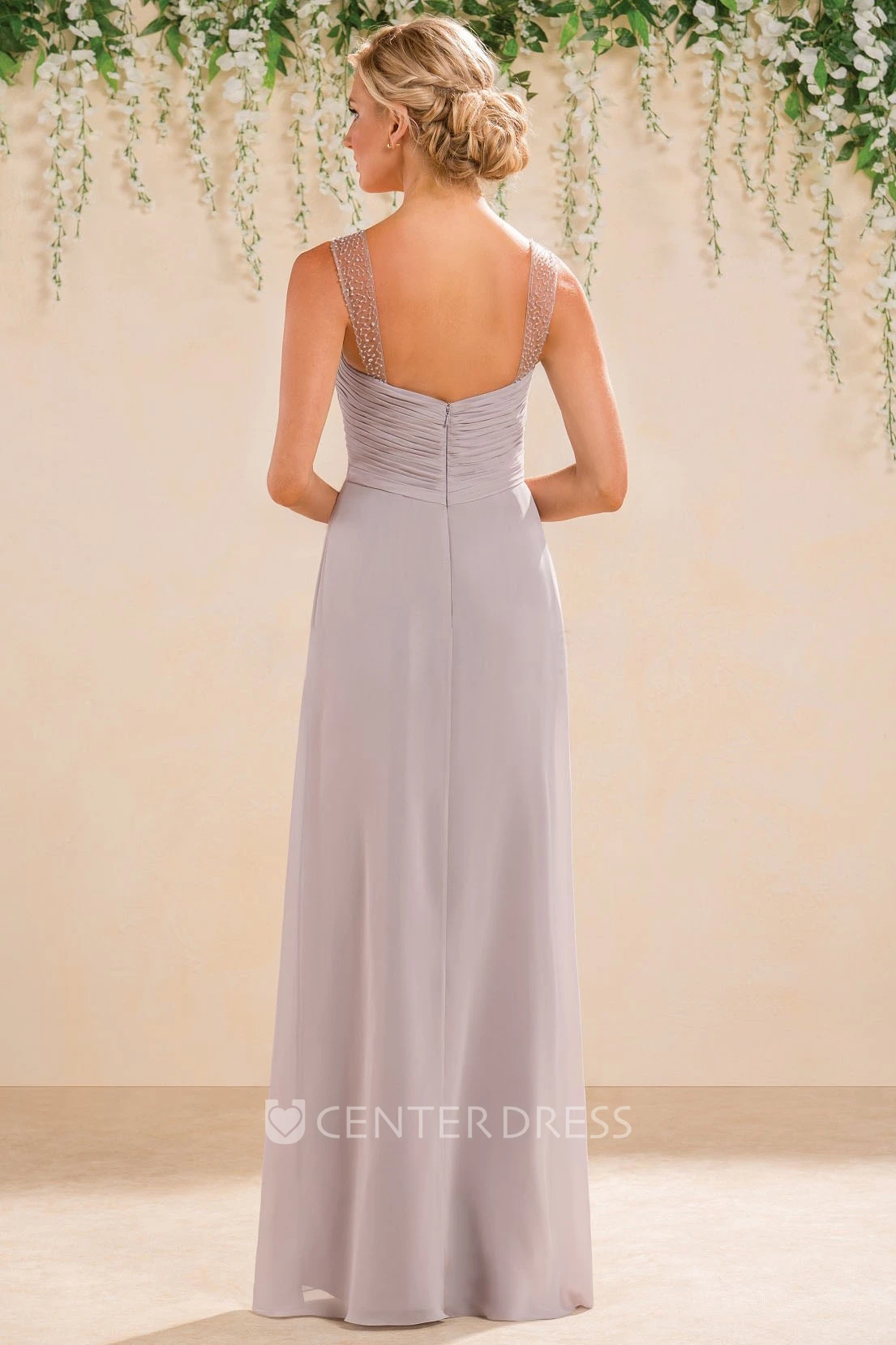 Sleeveless A-Line Bridesmaid Dress With Illusion Straps And Front Slit