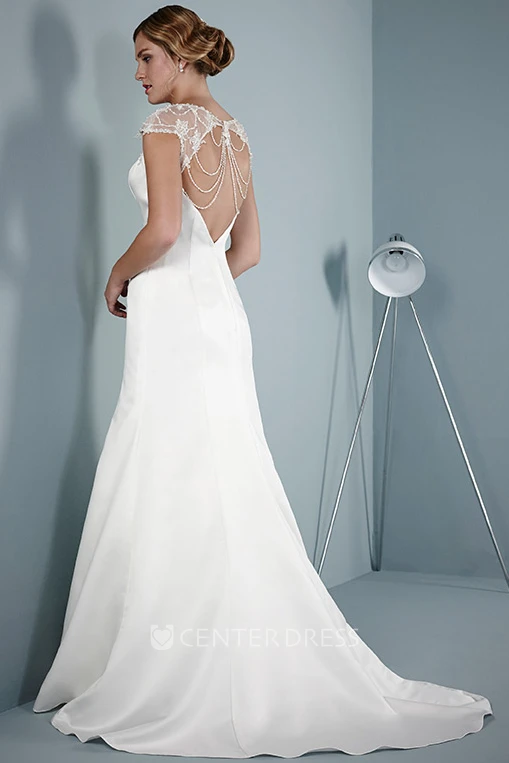 A-Line Cap Sleeve Scoop Neck Beaded Satin Wedding Dress