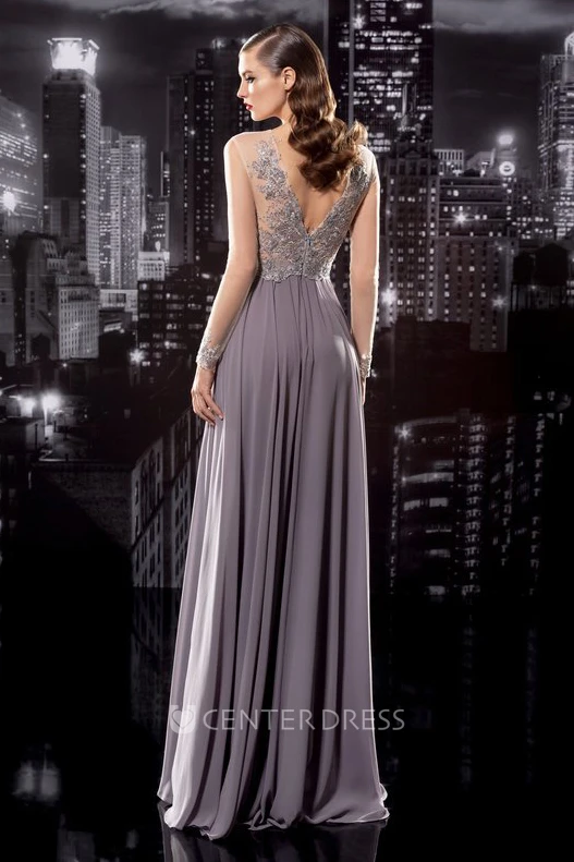 Sheath Long Jewel-Neck Sleeveless Chiffon Low-V Back Dress With Appliques And Pleats