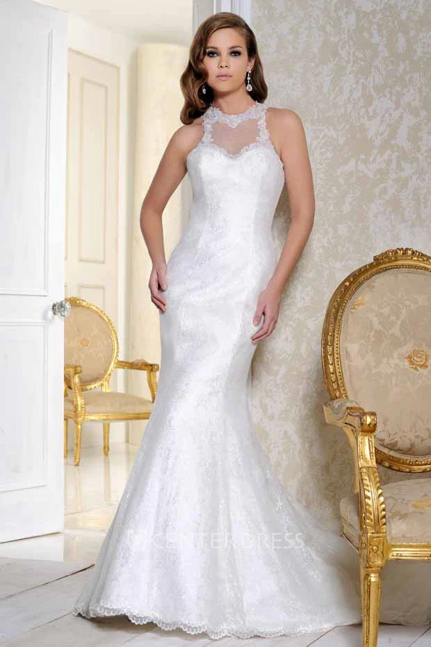 Floor-Length High Neck Appliqued Satin Wedding Dress With Court Train And Illusion