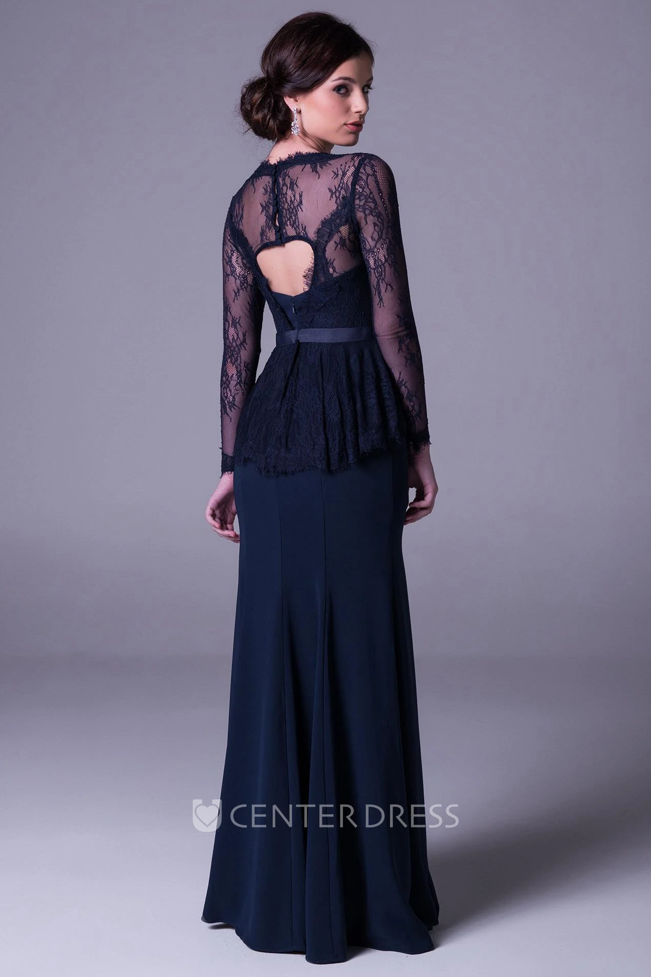 Sheath Long-Sleeve Long Lace Square-Neck Prom Dress With Broach