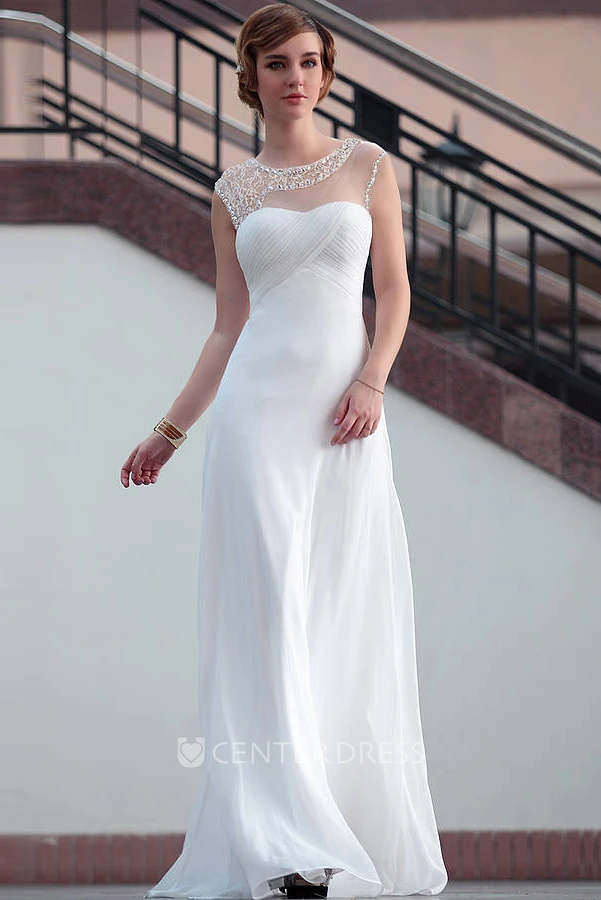 Sheath Floor-Length Criss-Cross Scoop Cap-Sleeve Chiffon Wedding Dress With Keyhole Back And Beading