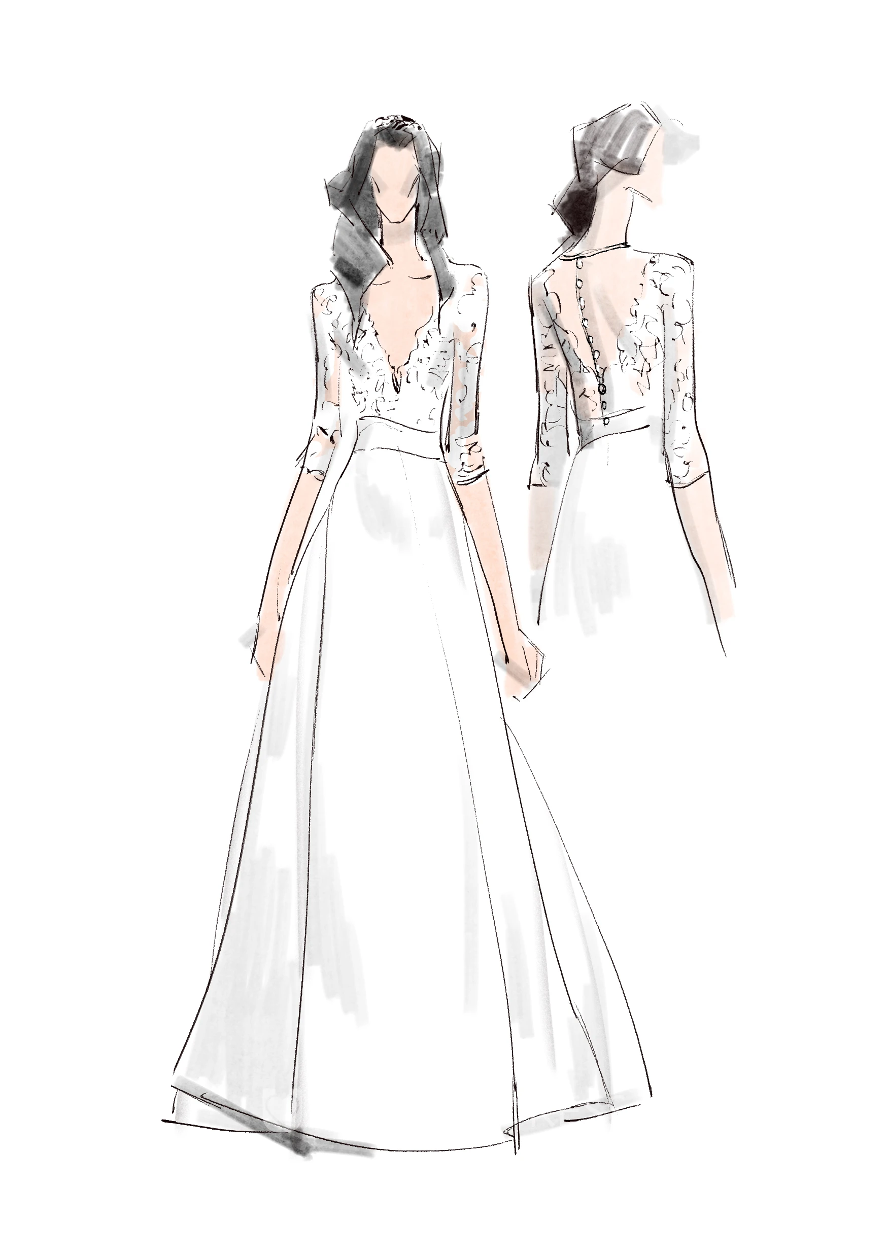 V-Neck Illusion Long Sleeve A-Line Satin Appliqued Plus Size Warm Wedding Dress