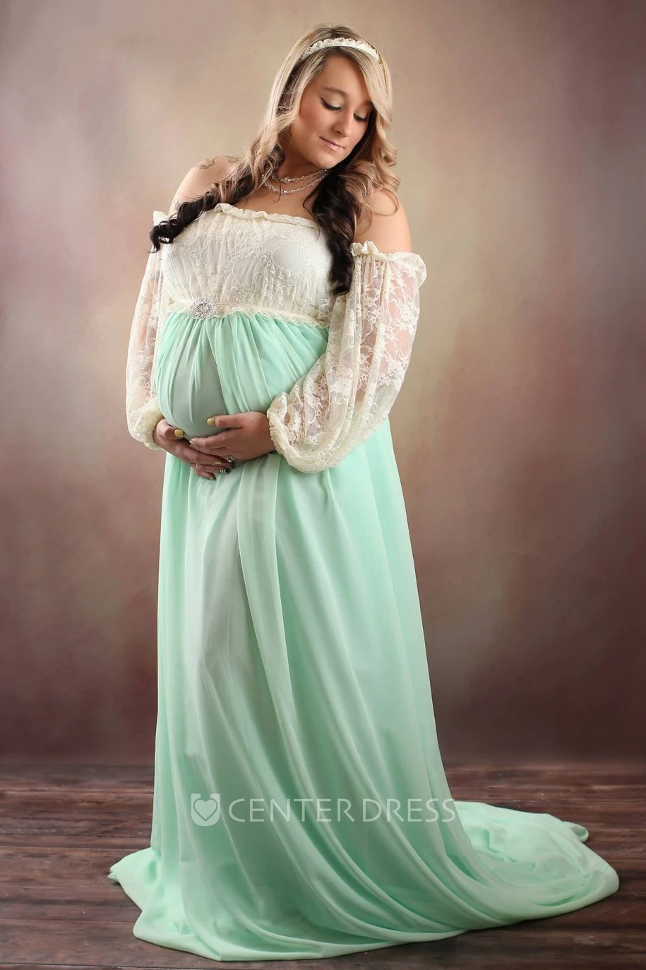 A-line Chiffon Lace Off-the-shoulder Long Sleeve Pleated Ruched Maternity Dress