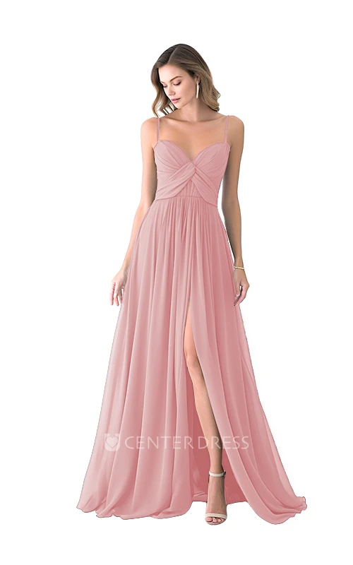 Satin Spaghetti Casual A-Line Bridesmaid Dress with Front Split