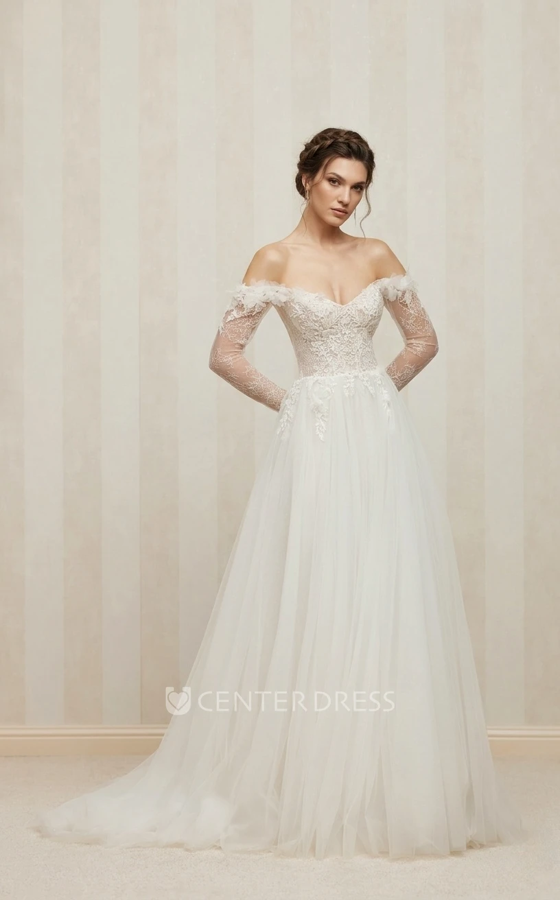Romantic Vintage Off-the-shoulder Long Sleeve A-Line Lace Tulle Spring Wedding Dress Sexy Elegant Garden Appliques V-neck Floor-length Sweep Train Bridal Dress with Open Zipper Back