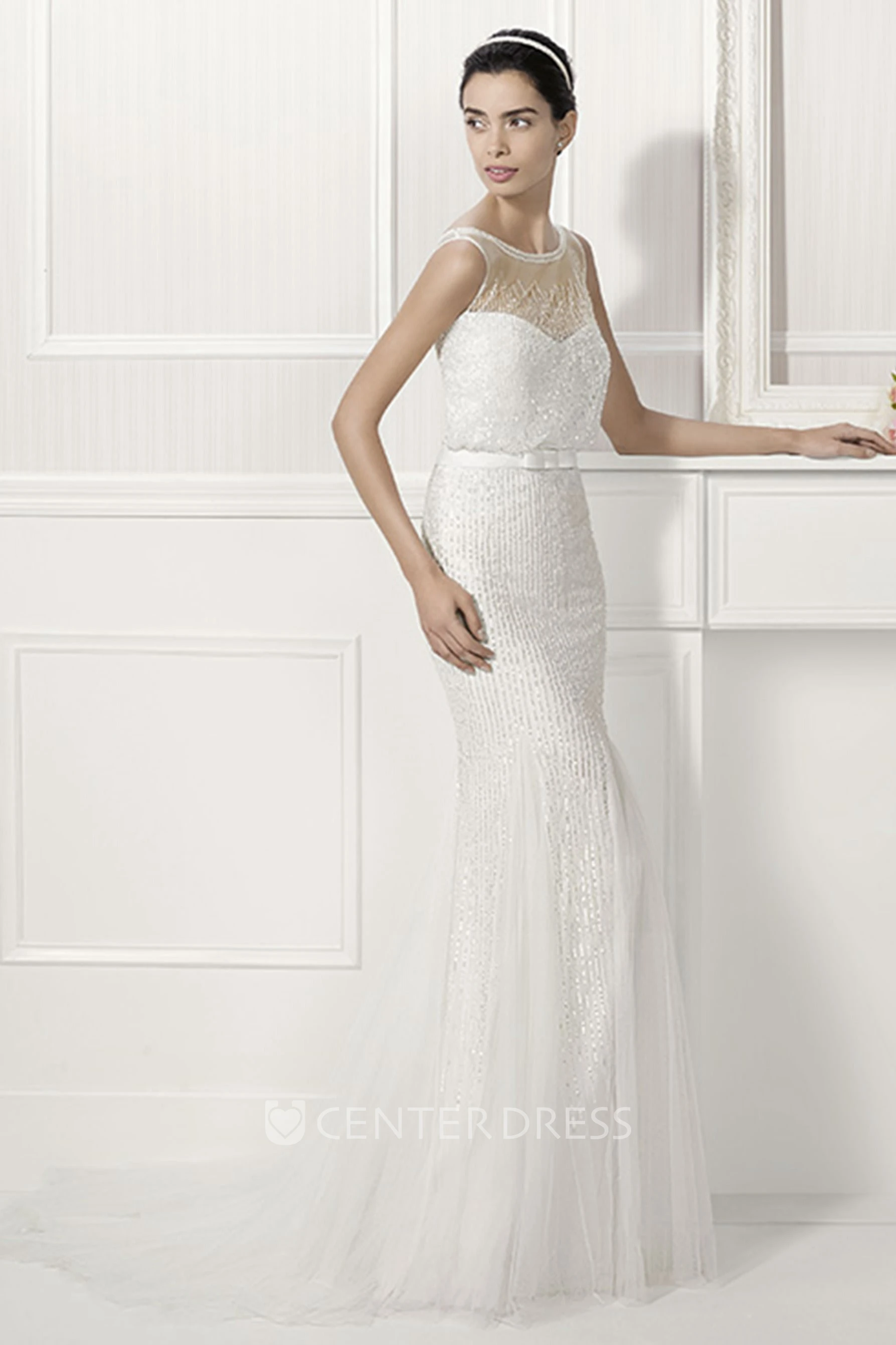 Jewel Neck V Back Sheath Tulle Bridal Gown With Belt