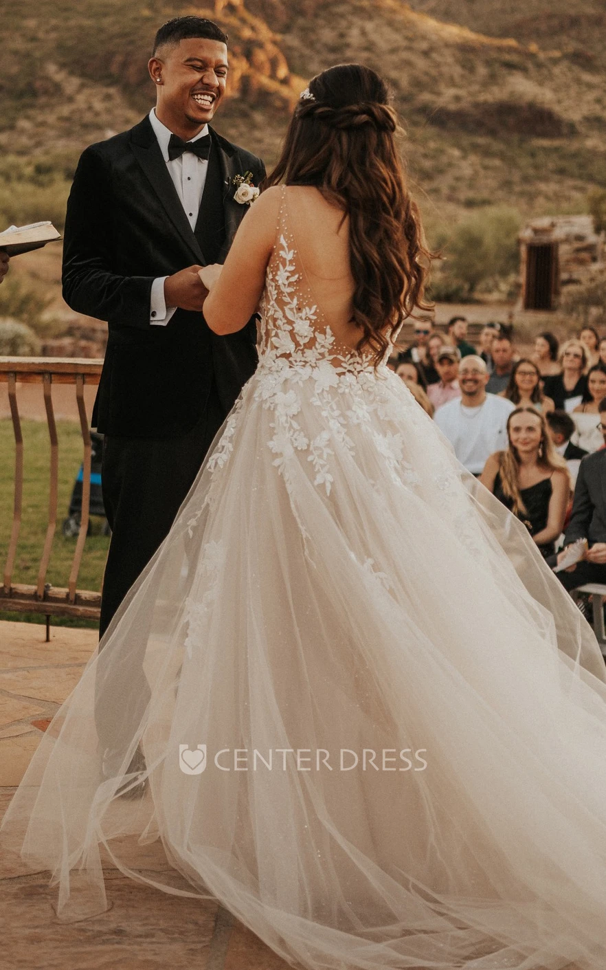 V-Neck Tulle A-Line Wedding Dress with Court Train Elegant Ethereal