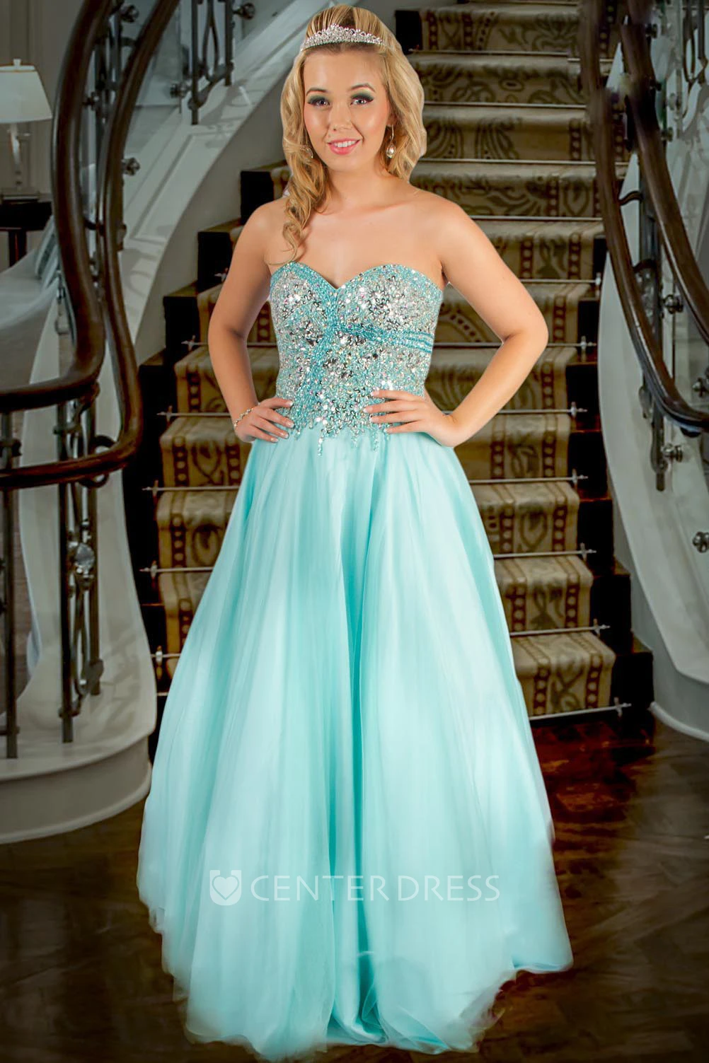A-Line Sleeveless Sweetheart Beaded Long Tulle Prom Dress With Pleats