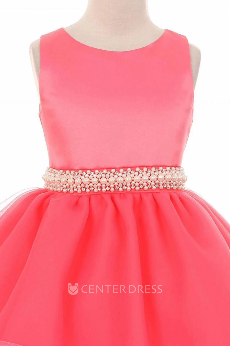 Tea-Length Beaded Sleeveless Organza&Satin Flower Girl Dress