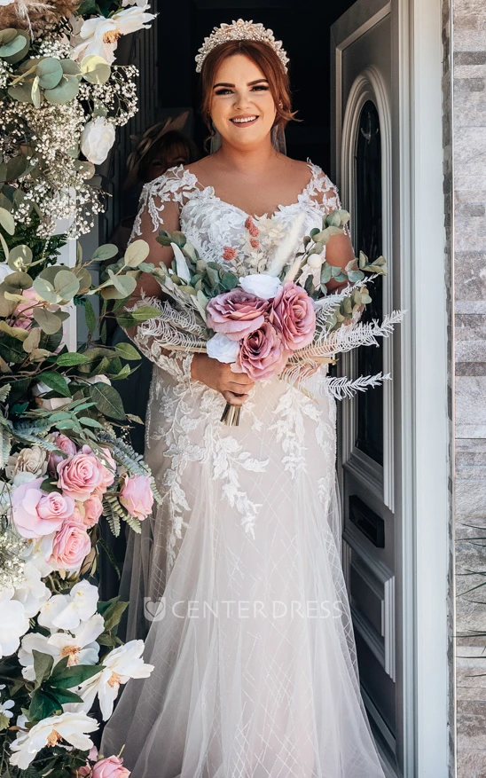 Mermaid Spring V-neck Long Sleeve Lace Elegant Wedding Dress Floor-length Women Garden