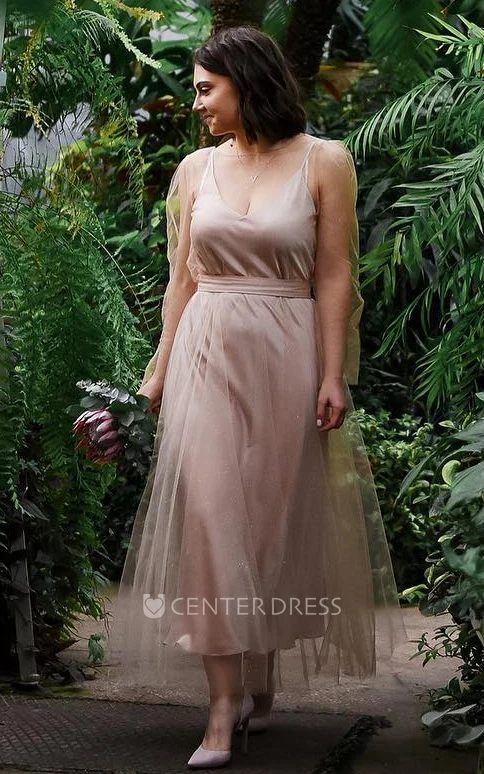 Elegant A-Line Satin Tulle Prom Dress With Long Sleeve And Spaghetti Straps
