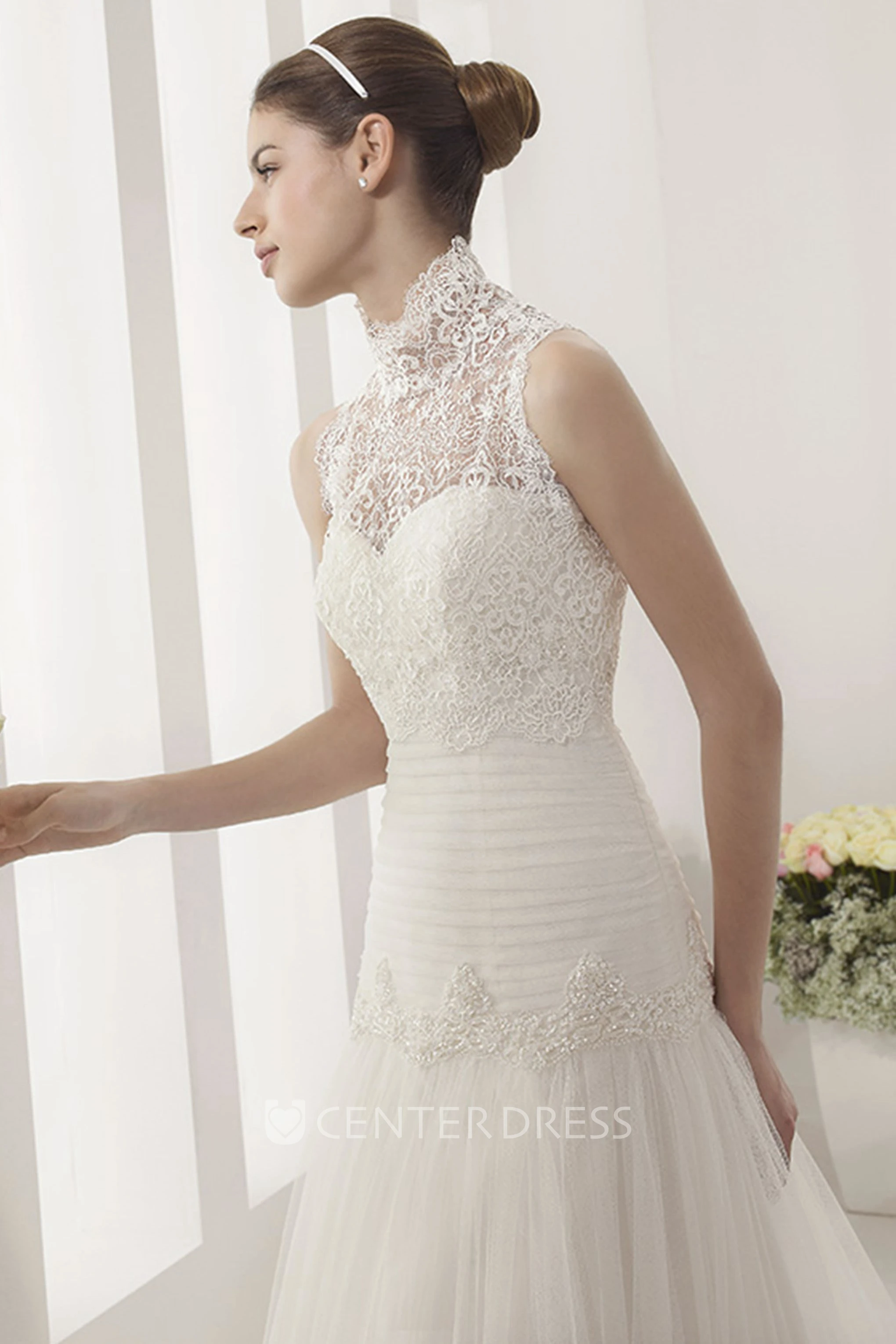 Ruched Drop Waist A-Line Tulle Gown With Removable High-Neck Lace Top