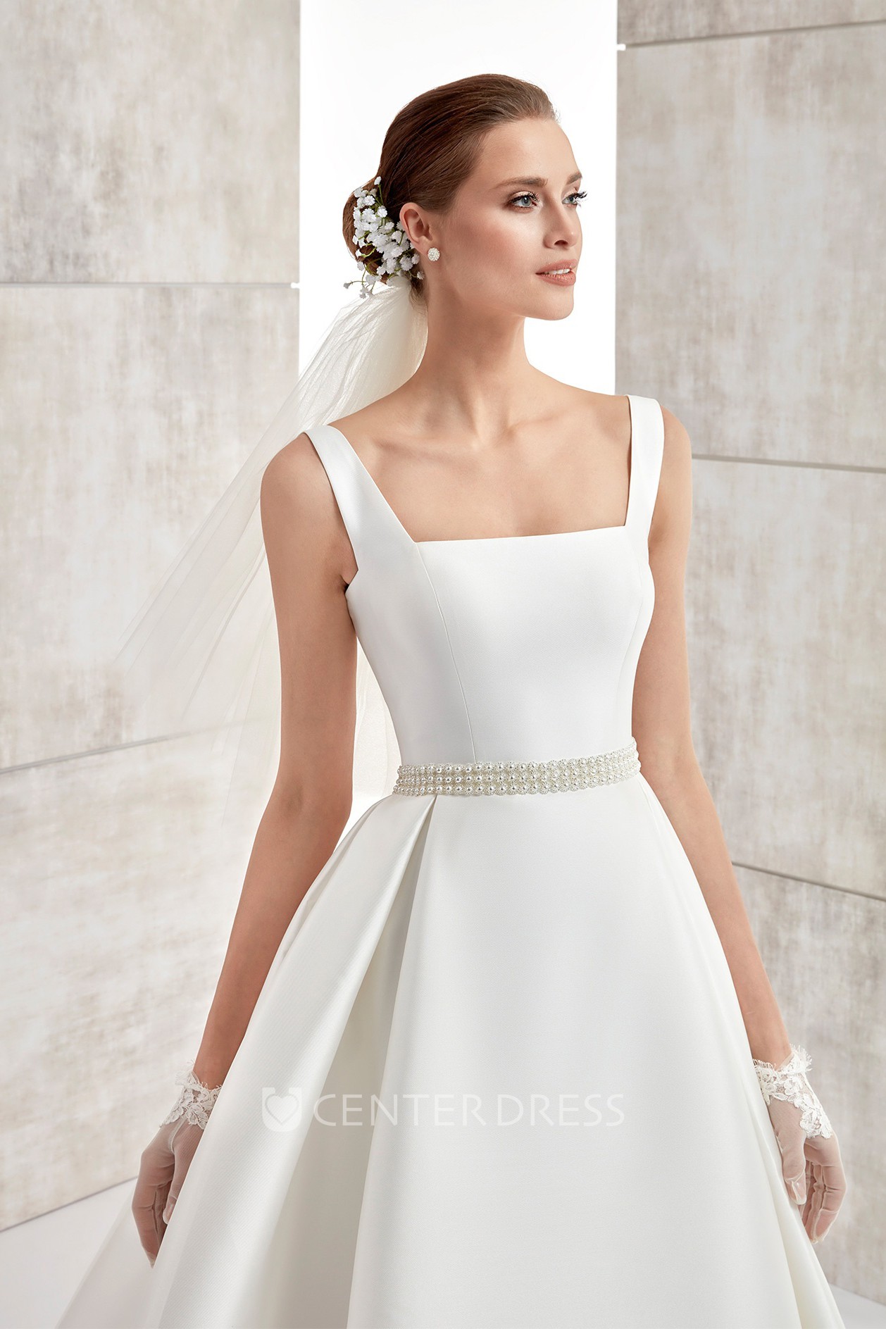 Square-Neck A-Line Satin Wedding Dress With Beaded Belt And