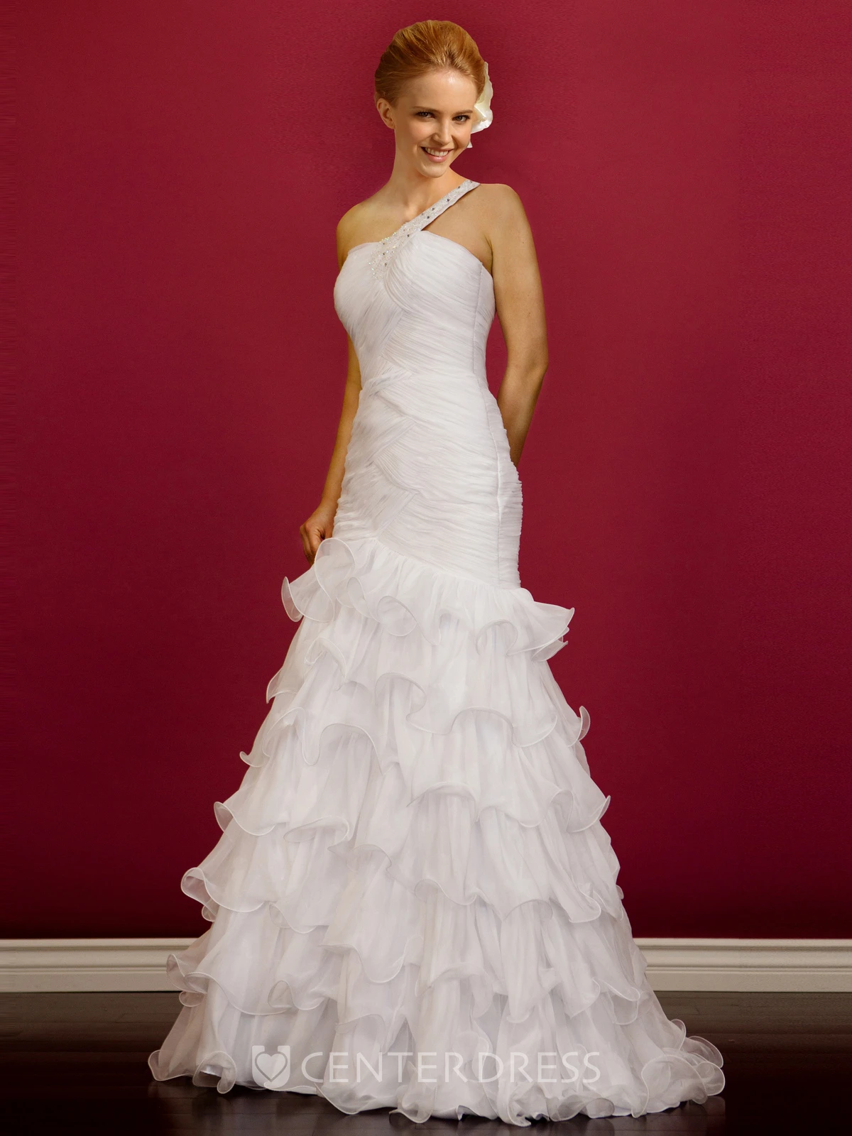A-Line Maxi One-Shoulder Sleeveless Organza Dress With Tiers And Ruching