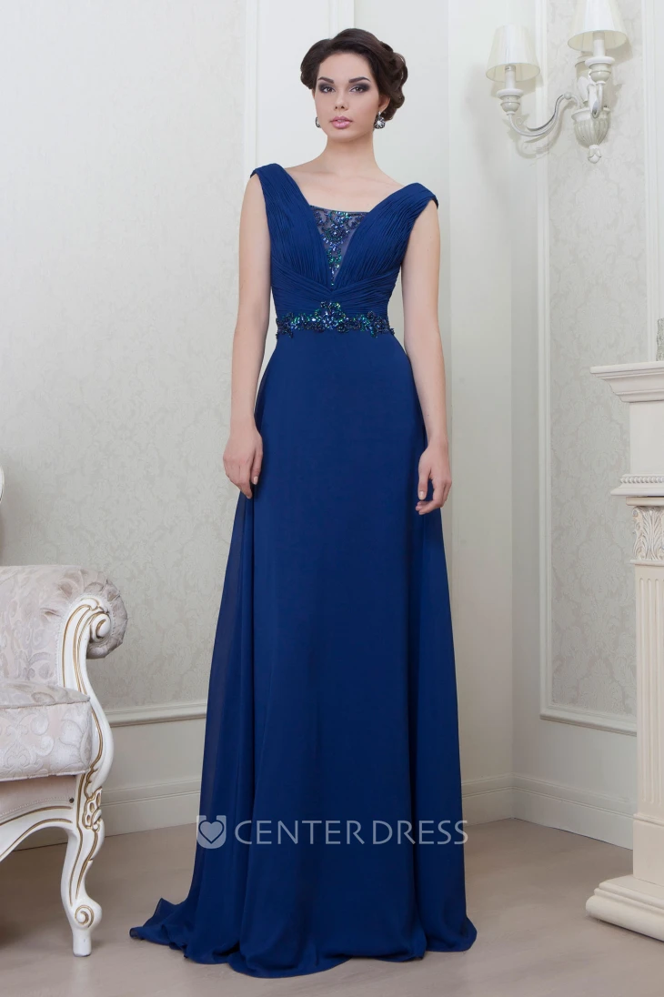 A-Line Sleeveless V-Neck Floor-Length Ruched Chiffon Evening Dress With Beading